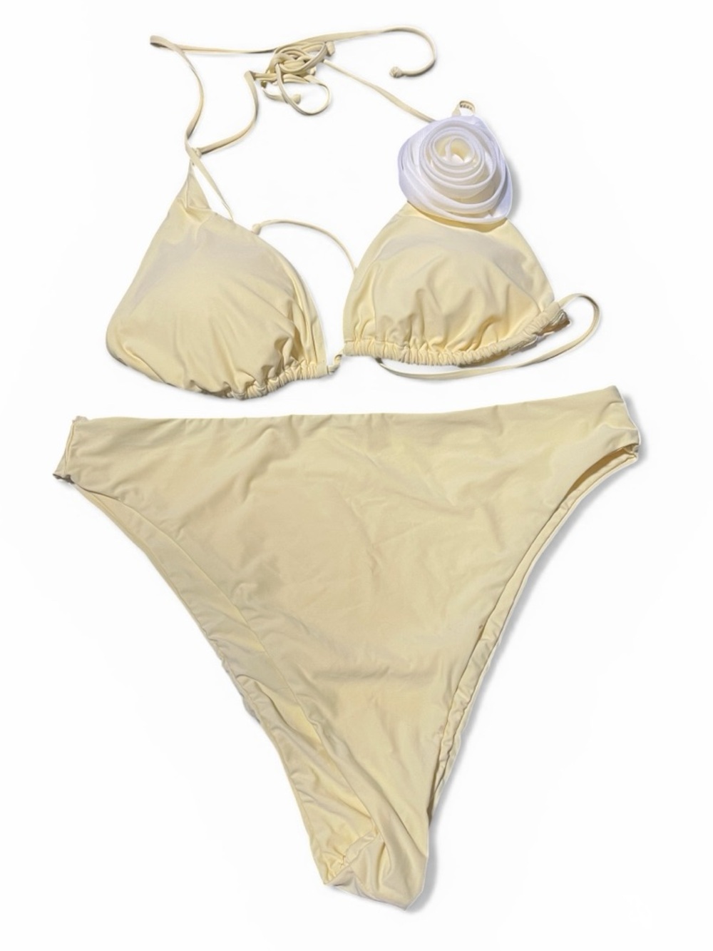 Gianni Bini Butter Yellow Bikini Set Rosette Top XL High Cut Bottoms L - Picture 2 of 7